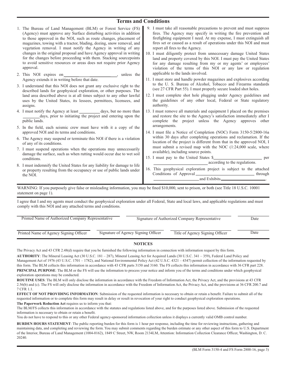 BLM Form 3150-4 (FS Form 2800-16) Notice of Intent and Authorization to Conduct Oil and Gas Geophysical Exploration Operations, Page 3