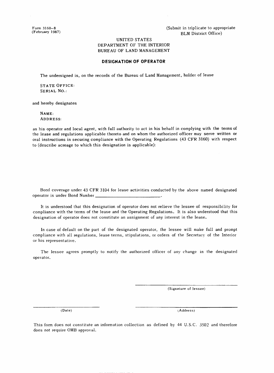 BLM Form 3160-8 Designation of Operator, Page 1