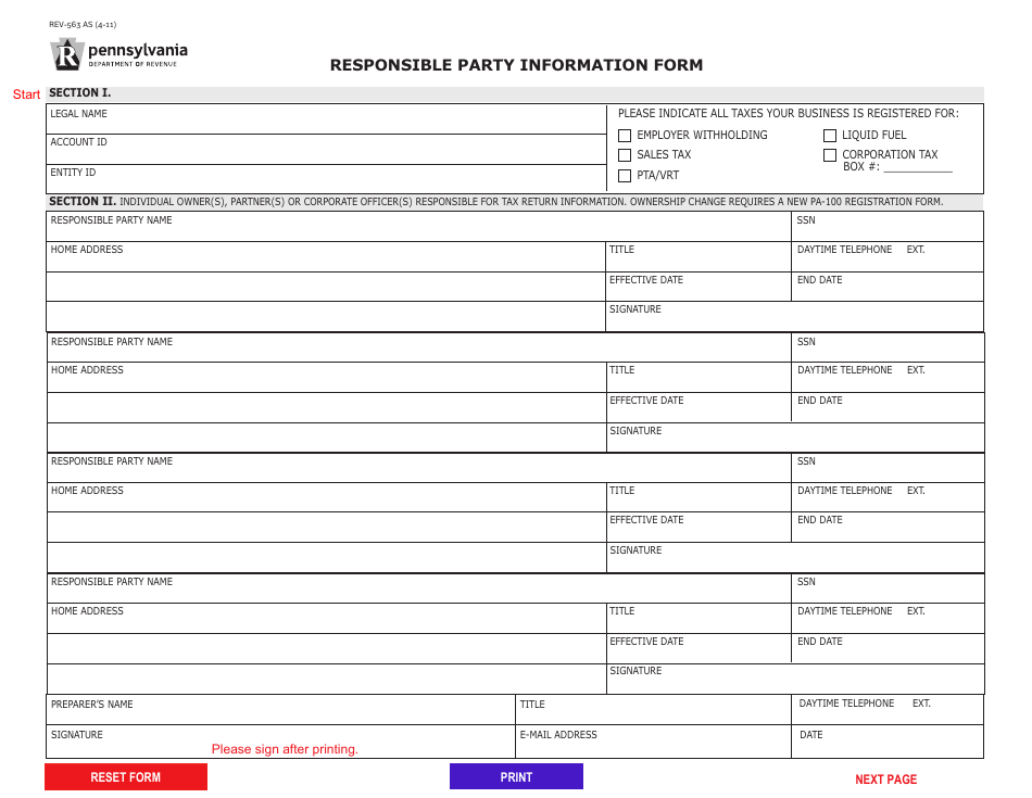 Form REV-563 Responsible Party Information Form - Pennsylvania, Page 1