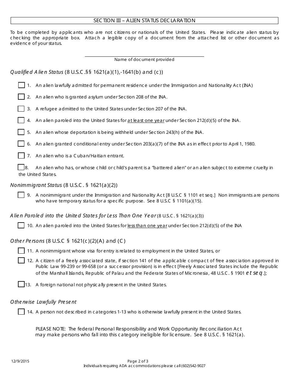 Arizona Statement of Citizenship or Alien Status for State Public Benefits - Arizona, Page 2