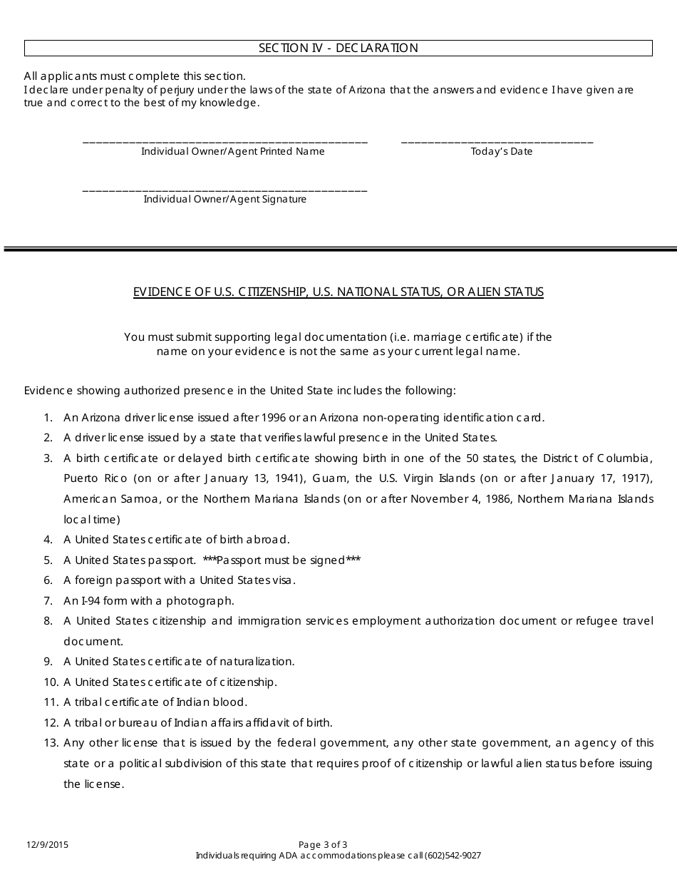 Arizona Statement of Citizenship or Alien Status for State Public Benefits - Arizona, Page 3