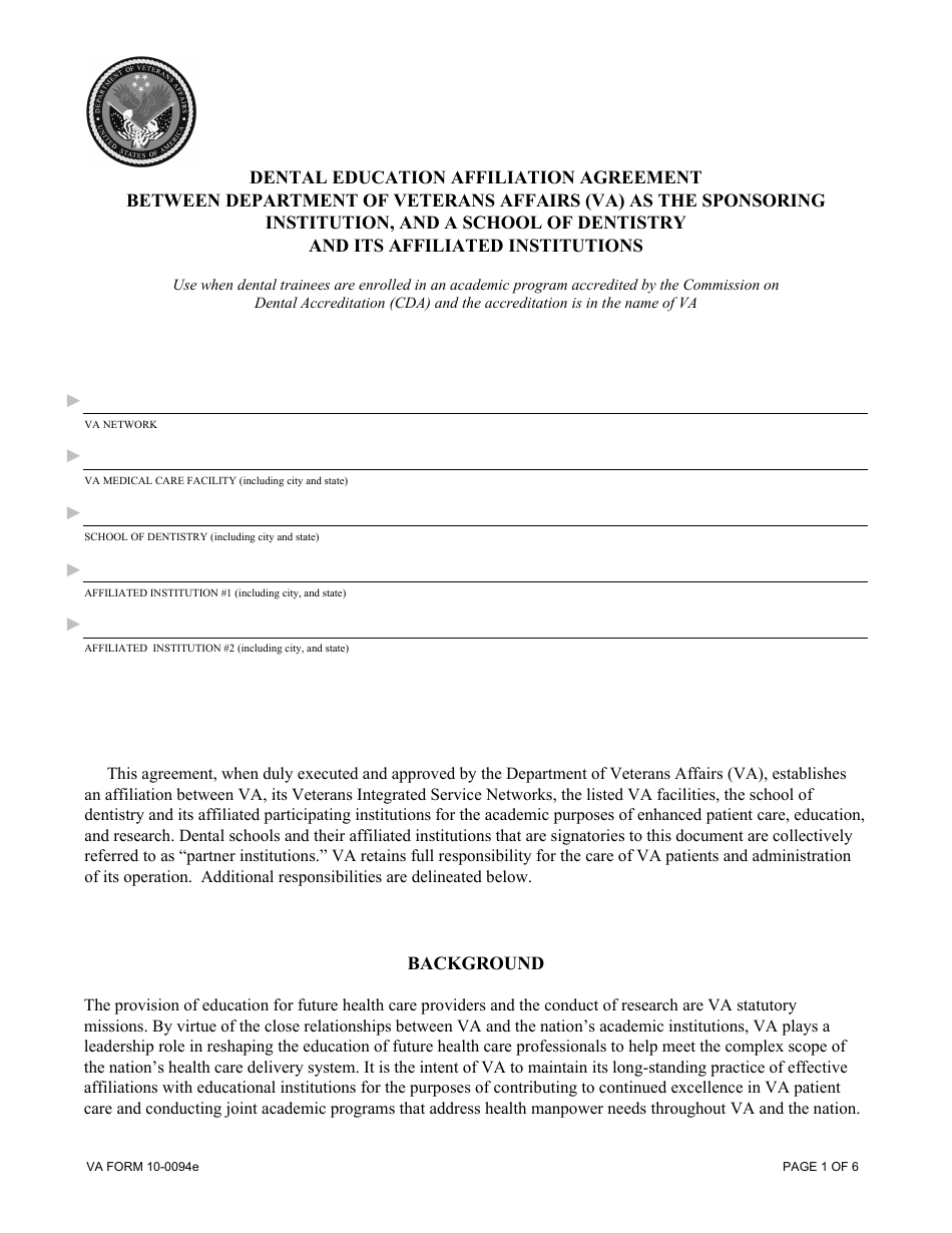 VA Form 10-0094E Dental Education Affiliation Agreement Between Department of Veterans Affairs (VA) as the Sponsoring Institution, and a School of Dentistry and Its Affiliated Institutions, Page 1