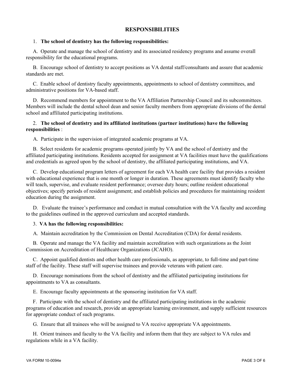 VA Form 10-0094E Dental Education Affiliation Agreement Between Department of Veterans Affairs (VA) as the Sponsoring Institution, and a School of Dentistry and Its Affiliated Institutions, Page 3