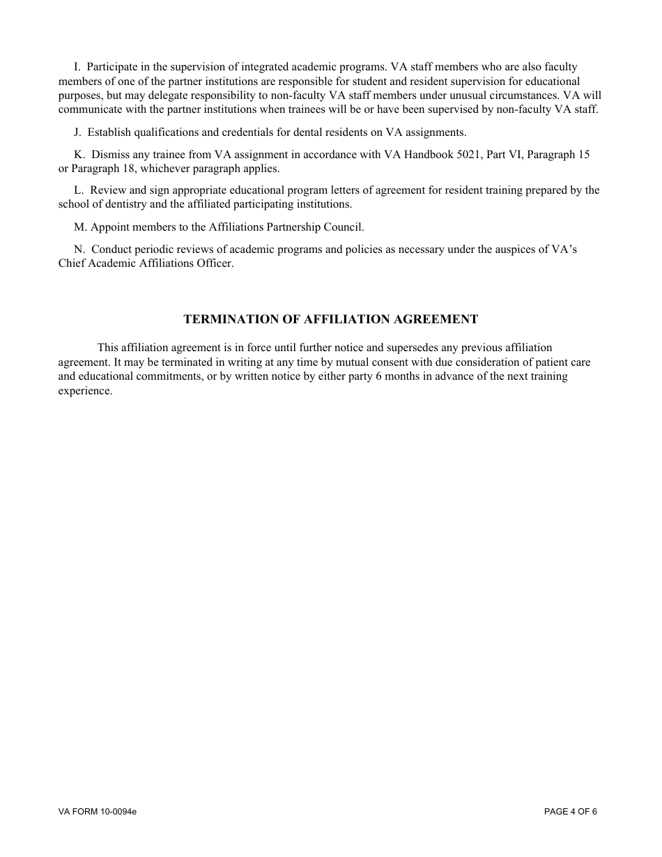 VA Form 10-0094E Dental Education Affiliation Agreement Between Department of Veterans Affairs (VA) as the Sponsoring Institution, and a School of Dentistry and Its Affiliated Institutions, Page 4