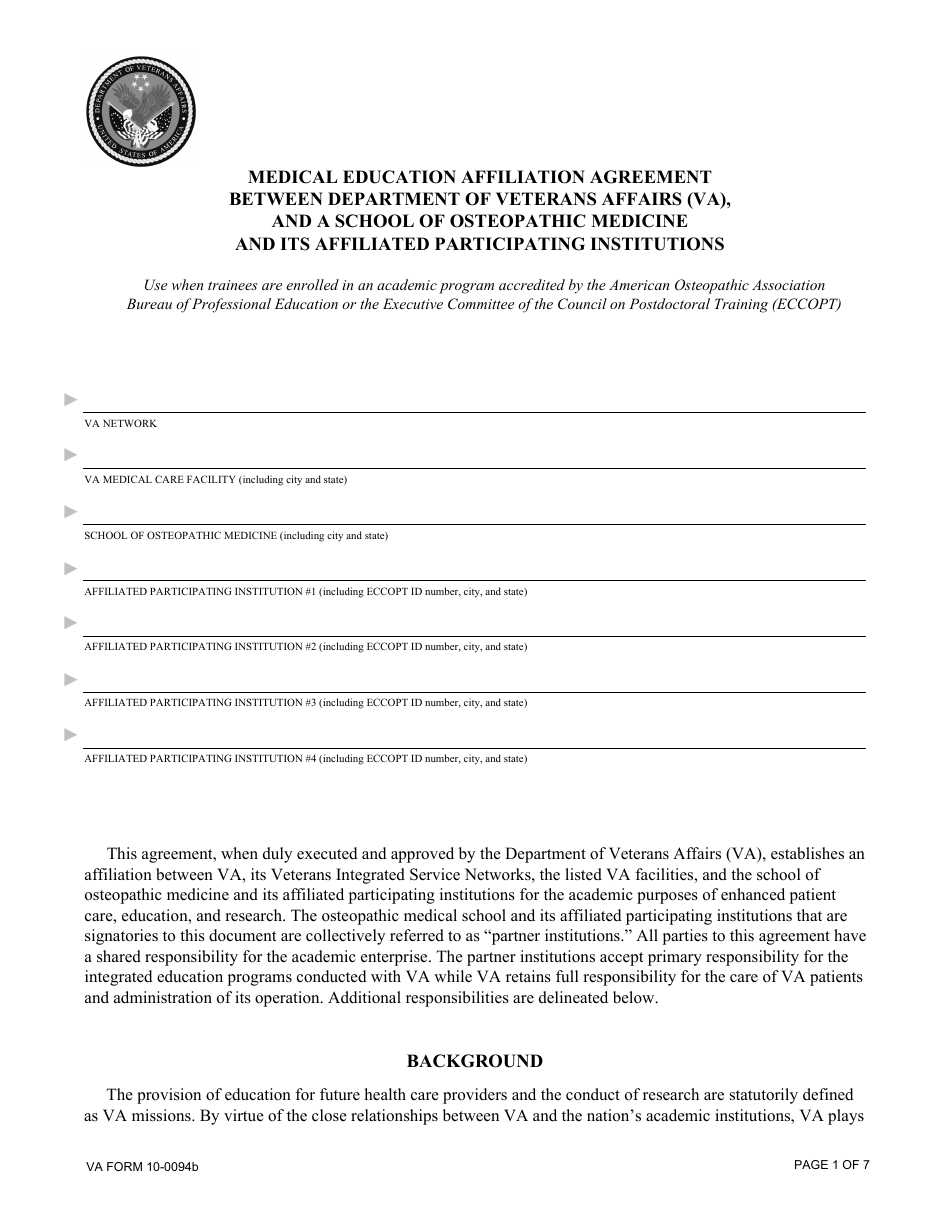 VA Form 10-0094B Medical Education Affiliation Agreement Between Department of Veterans Affairs (VA), and a School of Osteopathic Medicine and Its Affiliated Participating Institutions, Page 1