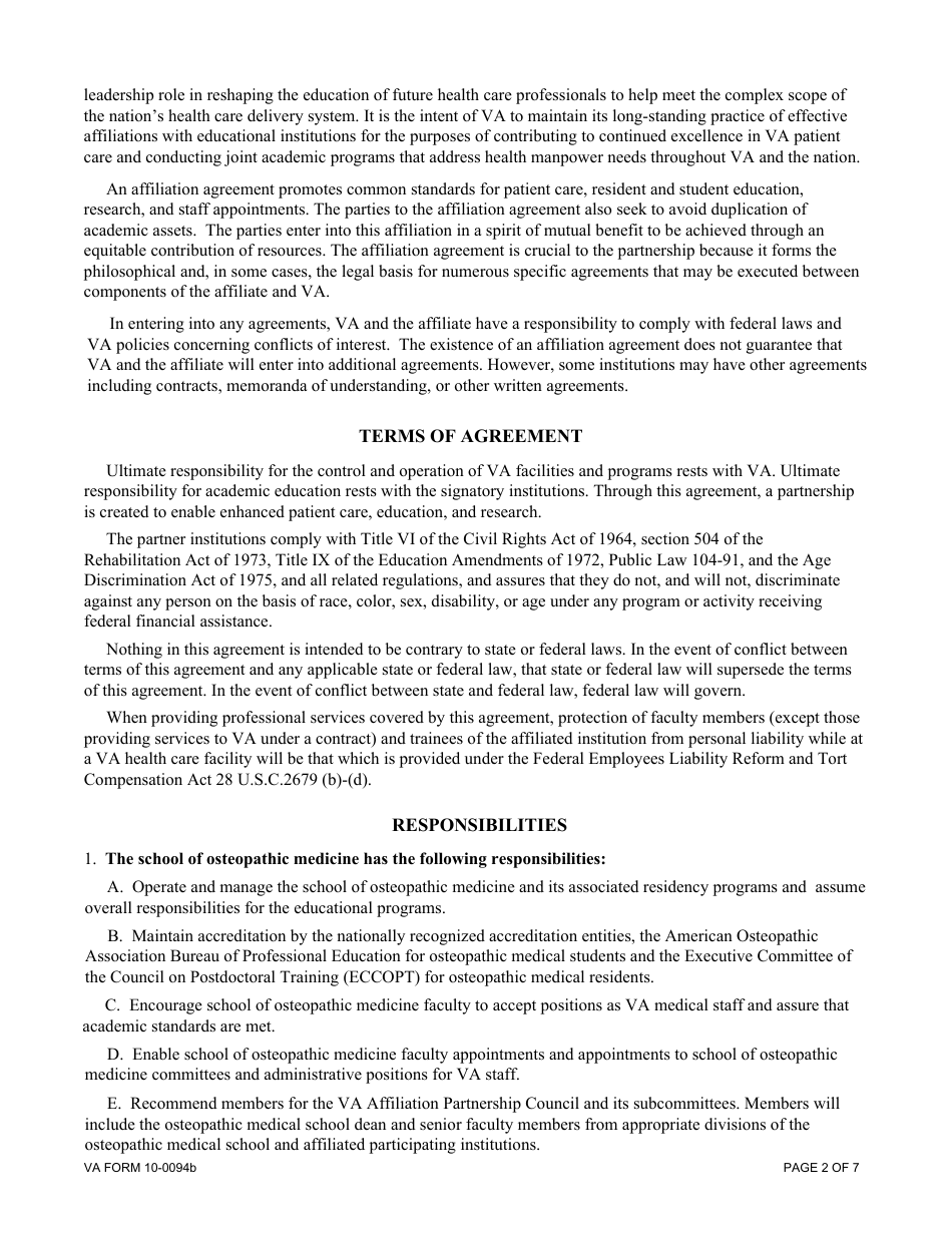 VA Form 10-0094B Medical Education Affiliation Agreement Between Department of Veterans Affairs (VA), and a School of Osteopathic Medicine and Its Affiliated Participating Institutions, Page 2