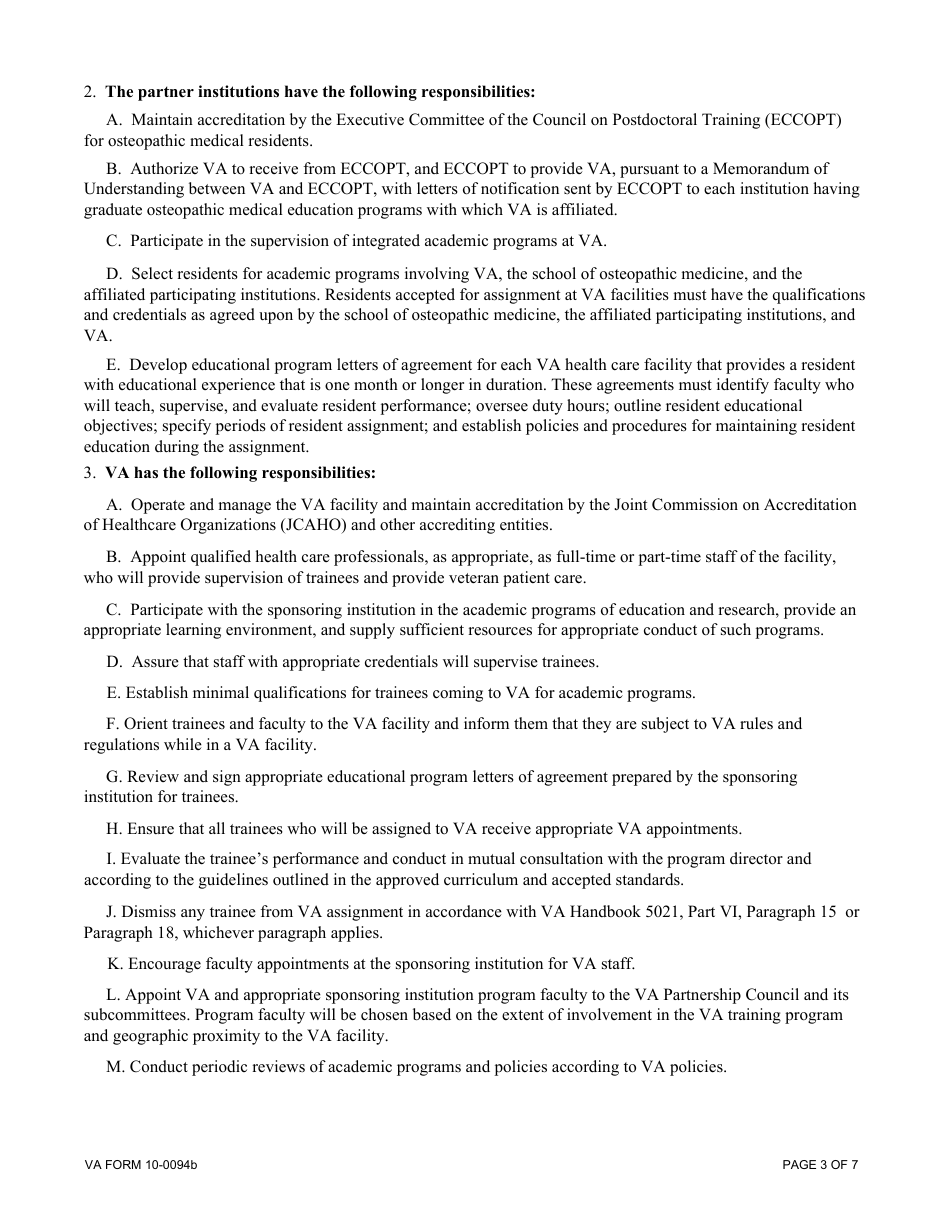 VA Form 10-0094B Medical Education Affiliation Agreement Between Department of Veterans Affairs (VA), and a School of Osteopathic Medicine and Its Affiliated Participating Institutions, Page 3