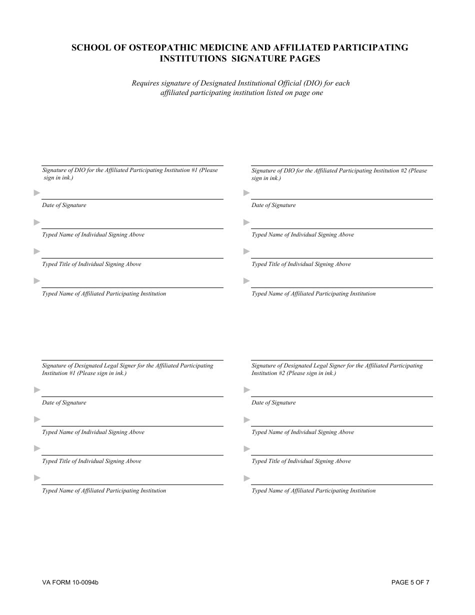 VA Form 10-0094B Medical Education Affiliation Agreement Between Department of Veterans Affairs (VA), and a School of Osteopathic Medicine and Its Affiliated Participating Institutions, Page 5