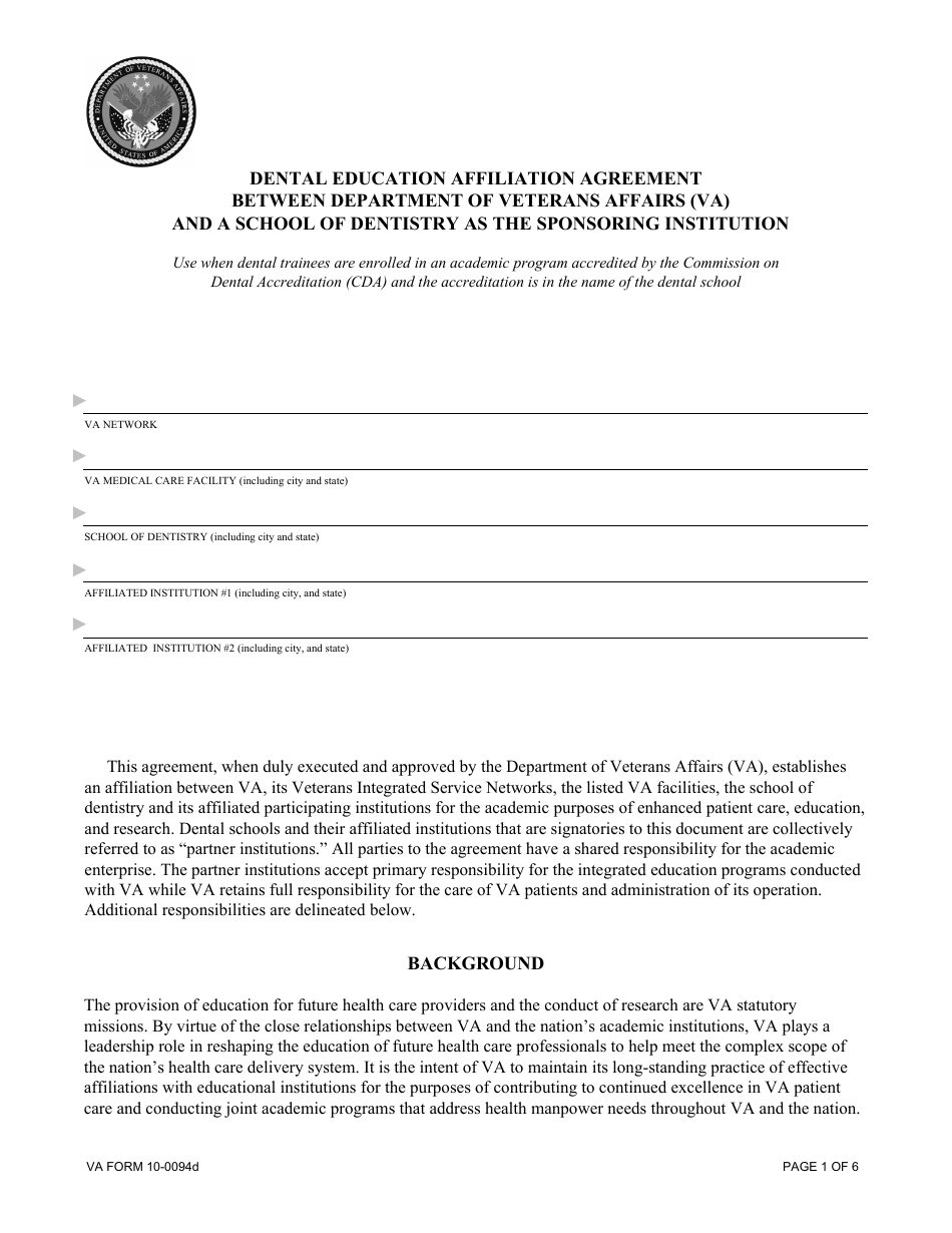 VA Form 10-0094D Dental Education Affiliation Agreement Between Department of Veterans Affairs and a School of Dentistry as the Sponsoring Institution, Page 1