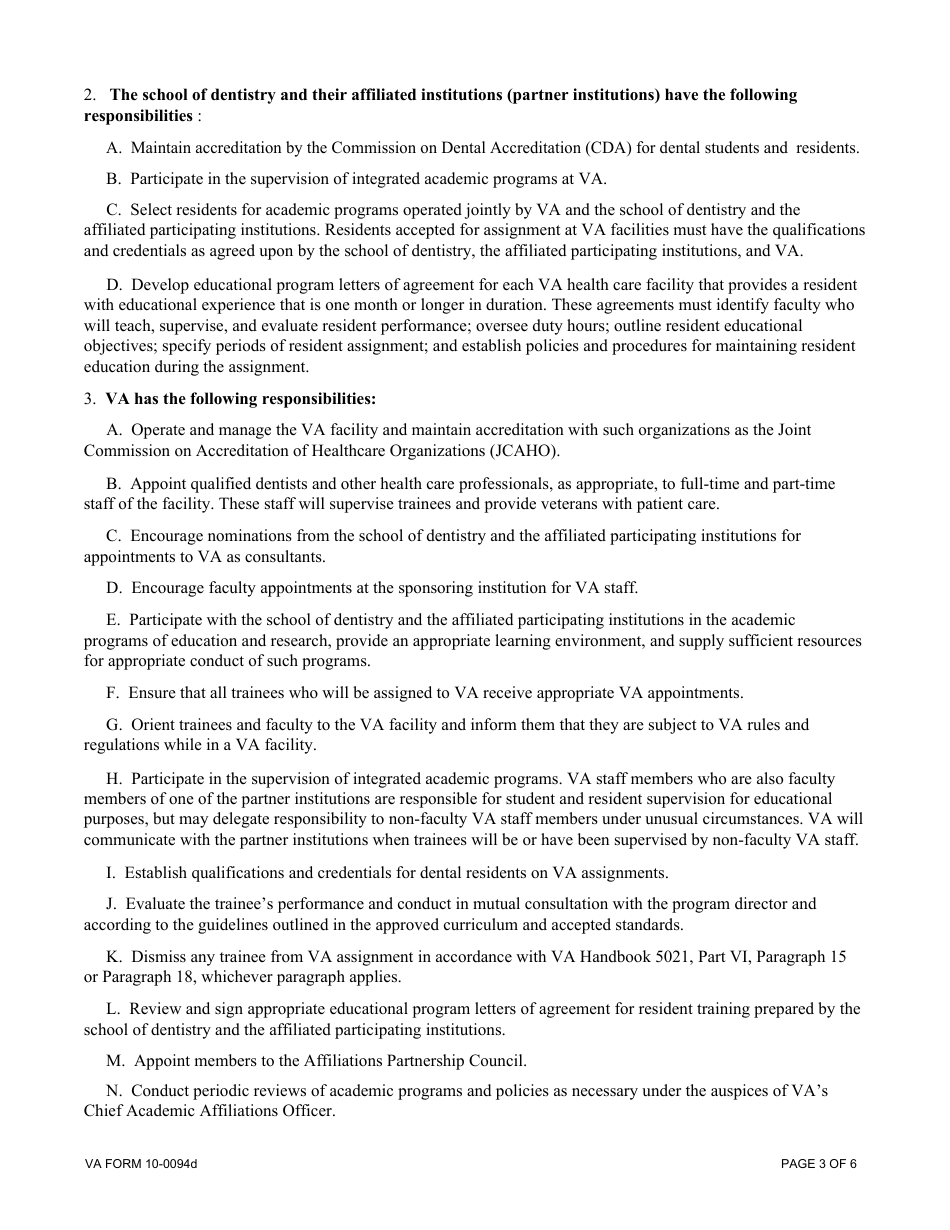 VA Form 10-0094D Dental Education Affiliation Agreement Between Department of Veterans Affairs and a School of Dentistry as the Sponsoring Institution, Page 3