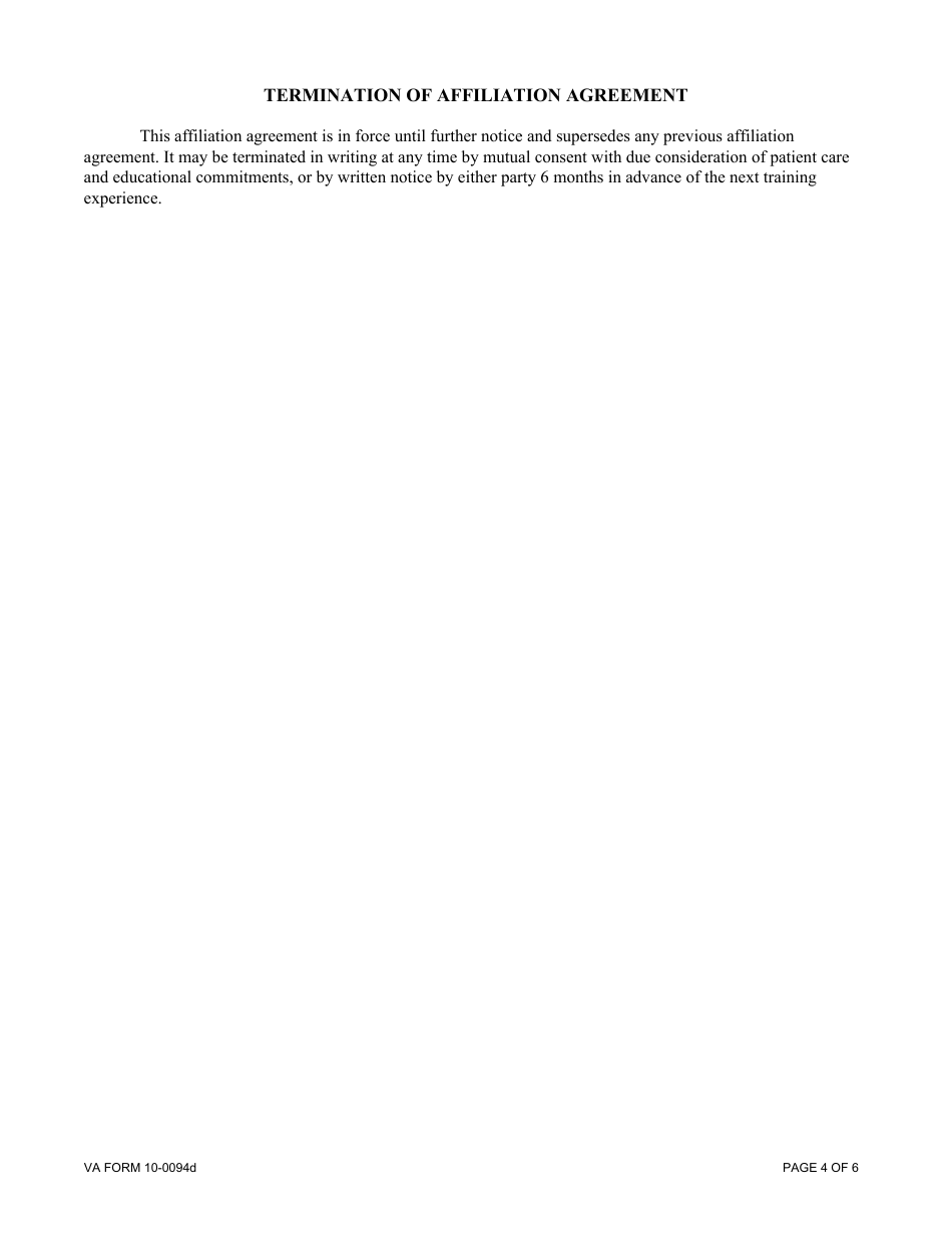VA Form 10-0094D Dental Education Affiliation Agreement Between Department of Veterans Affairs and a School of Dentistry as the Sponsoring Institution, Page 4