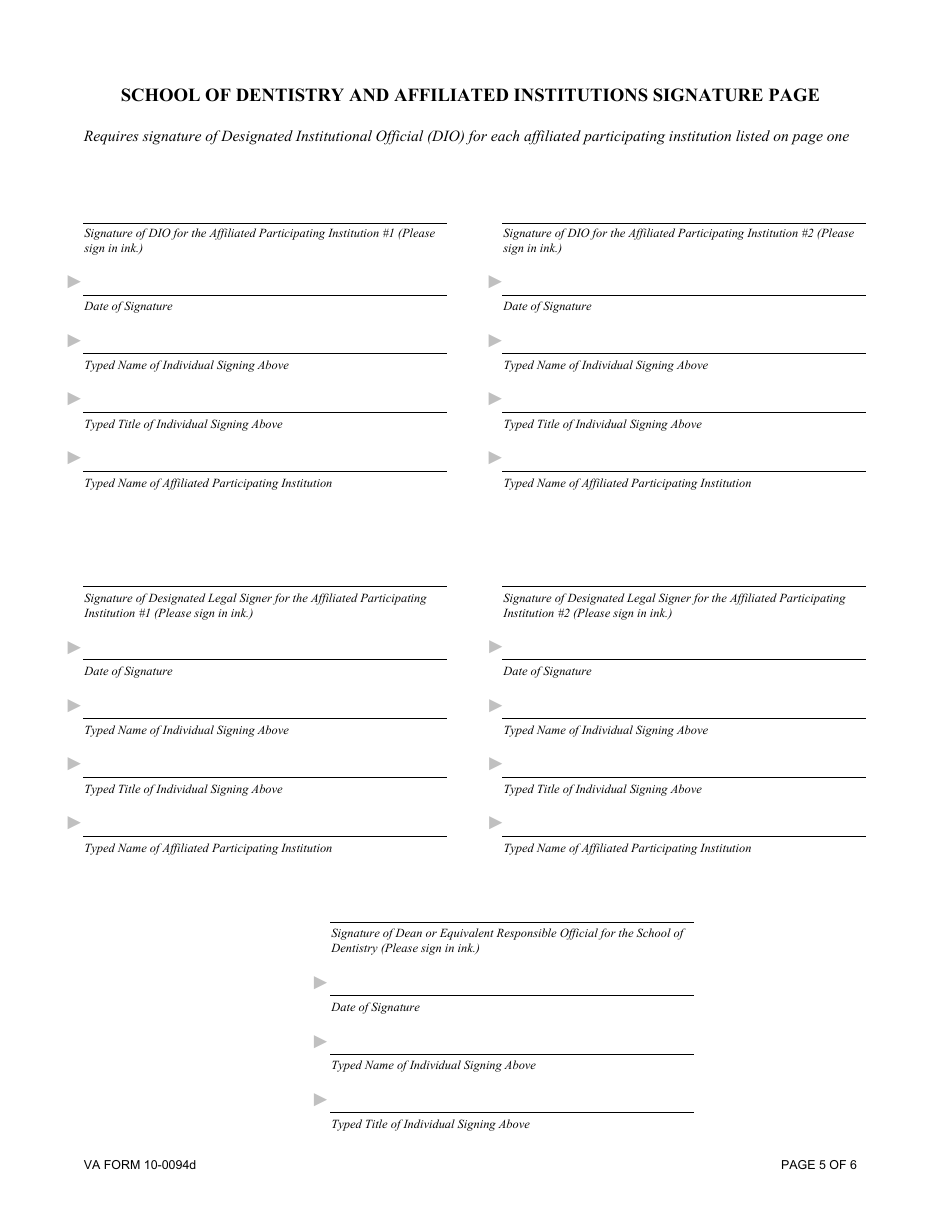 VA Form 10-0094D Dental Education Affiliation Agreement Between Department of Veterans Affairs and a School of Dentistry as the Sponsoring Institution, Page 5