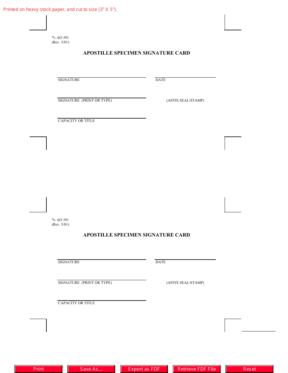 Form AO391 Apostille Specimen Signature Card, Page 1