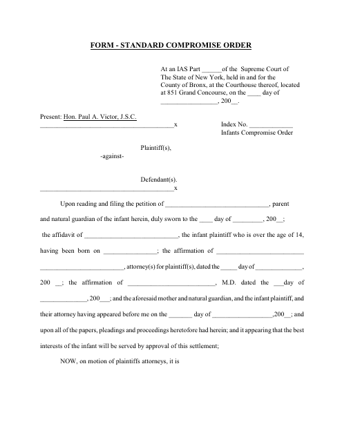 &quot;Standard Compromise Order Form&quot; - Bronx County, New York Download Pdf
