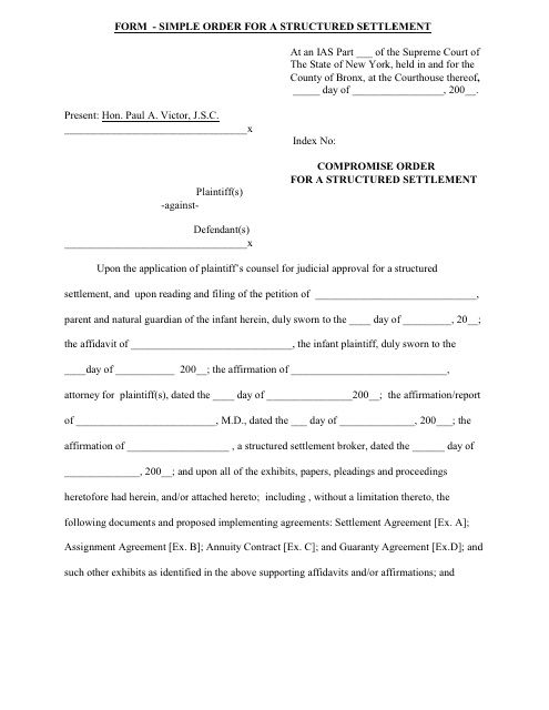 Compromise Order for a Structured Settlement - Bronx County, New York Download Pdf