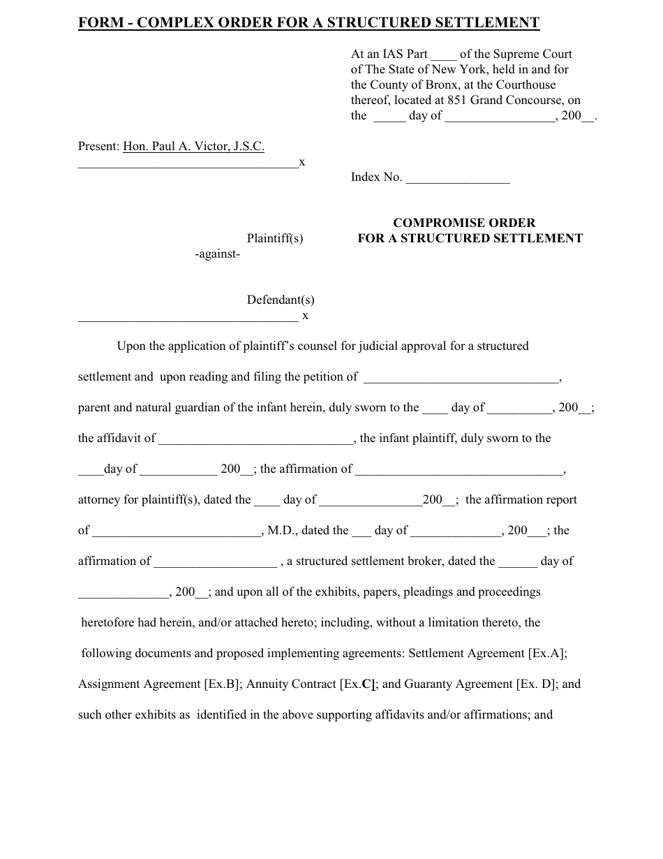 New York Complex Order for a Structured Settlement Form - Fill Out ...