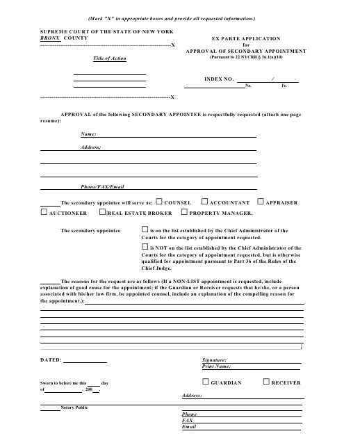 Ex Parte Application for Approval of Secondary Appointment Template - Bronx County, New York Download Pdf