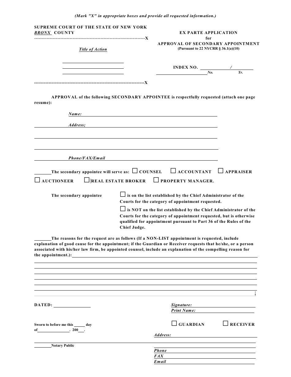 Ex Parte Application for Approval of Secondary Appointment Template - Bronx County, New York, Page 1