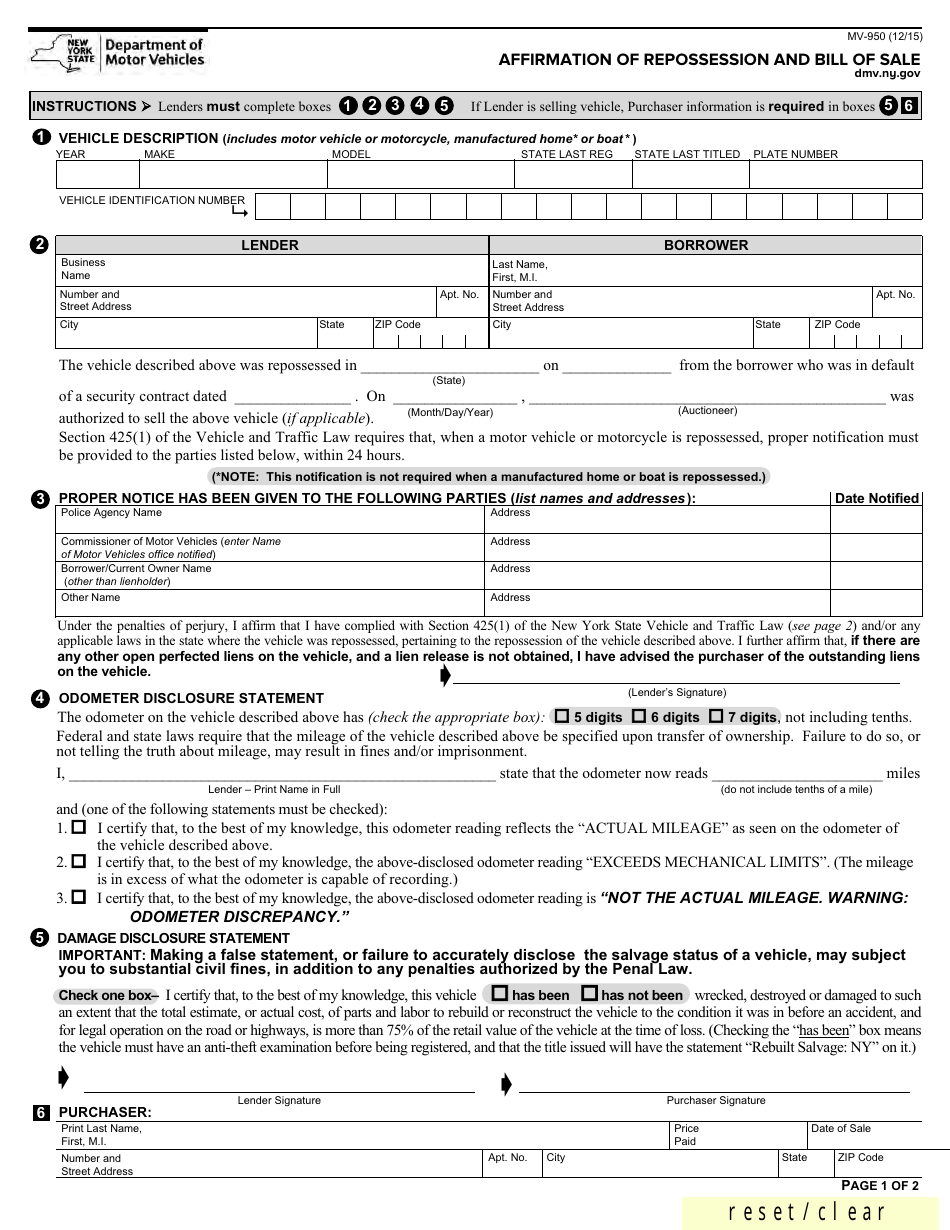 Form MV-950 - Fill Out, Sign Online and Download Fillable PDF, New York ...