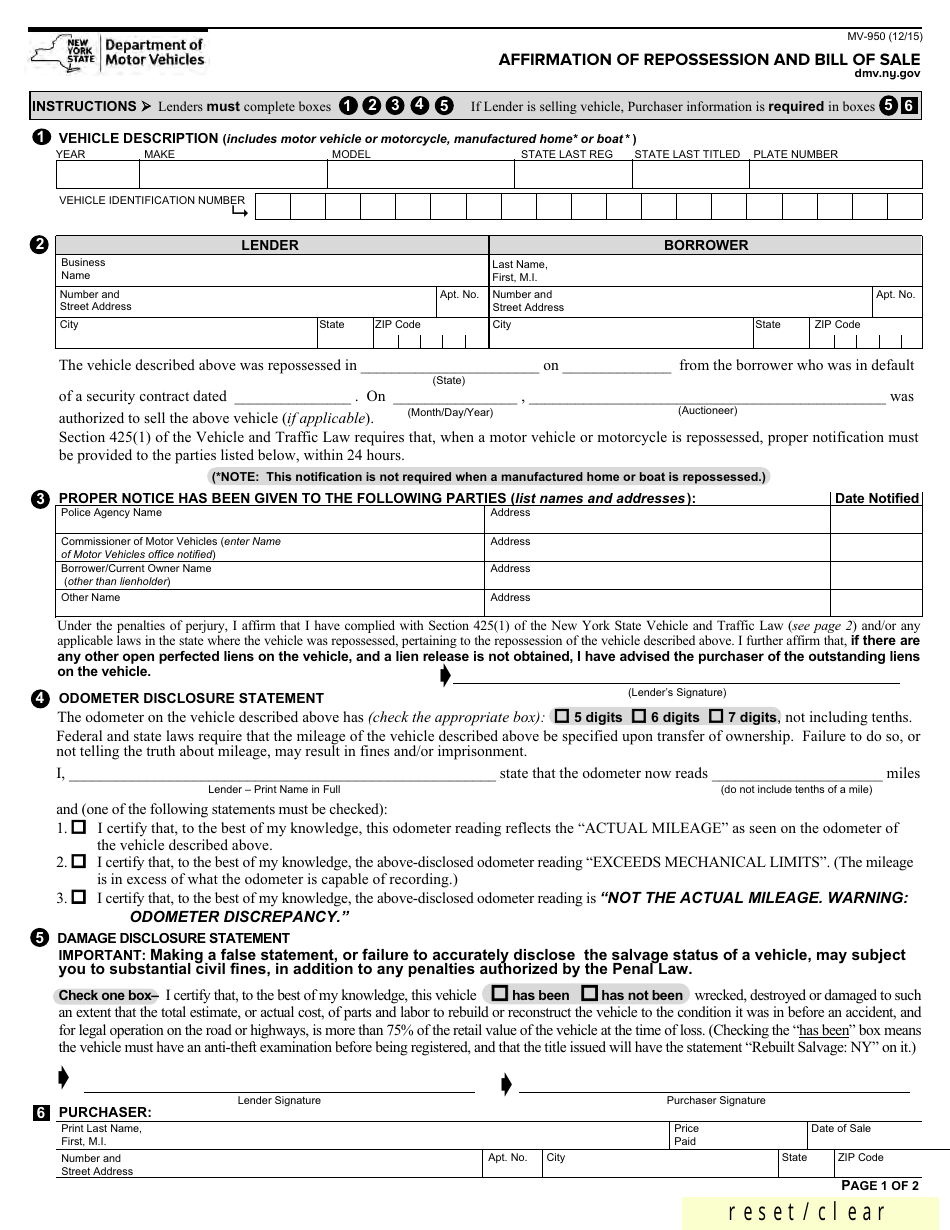 Form MV-950 Affirmation of Repossession and Bill of Sale - New York, Page 1