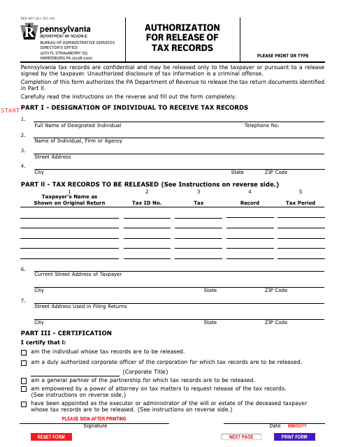 Form REV-467 Authorization for Release of Tax Records - Pennsylvania