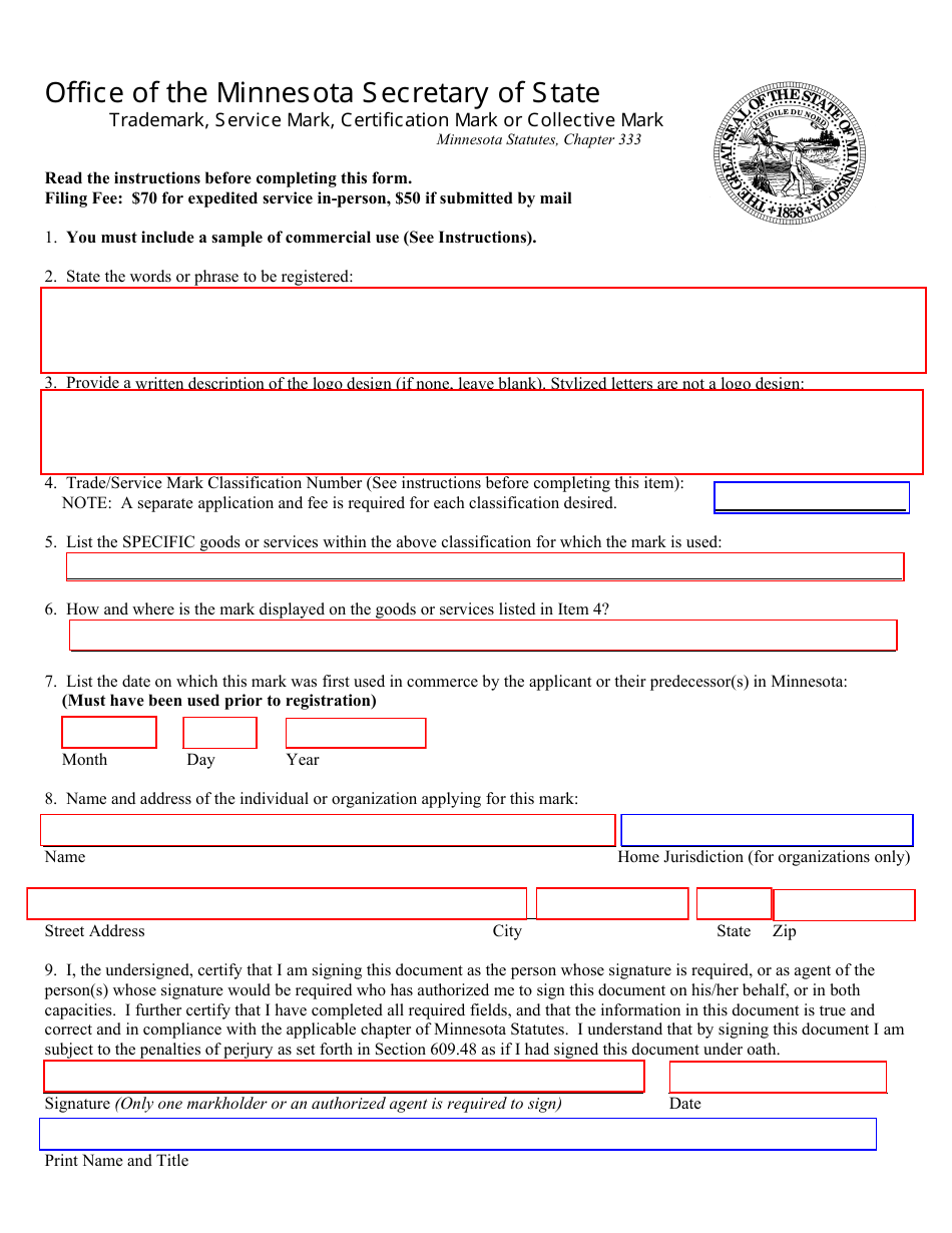 Trademark, Service Mark, Certification Mark or Collective Mark Form - Minnesota, Page 1
