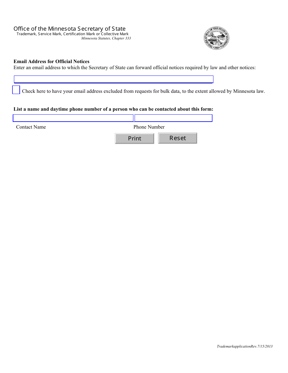 Trademark, Service Mark, Certification Mark or Collective Mark Form - Minnesota, Page 2