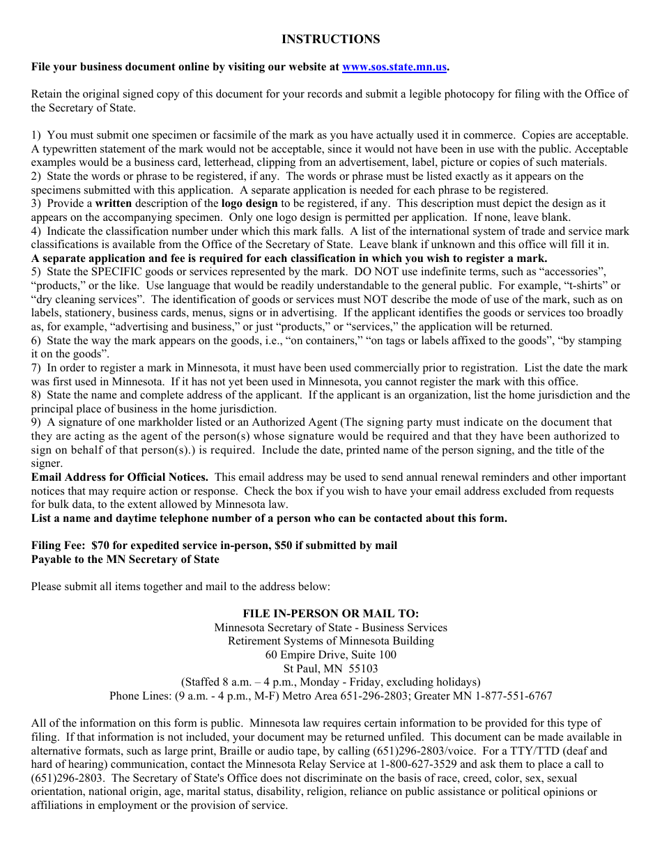 Trademark, Service Mark, Certification Mark or Collective Mark Form - Minnesota, Page 3