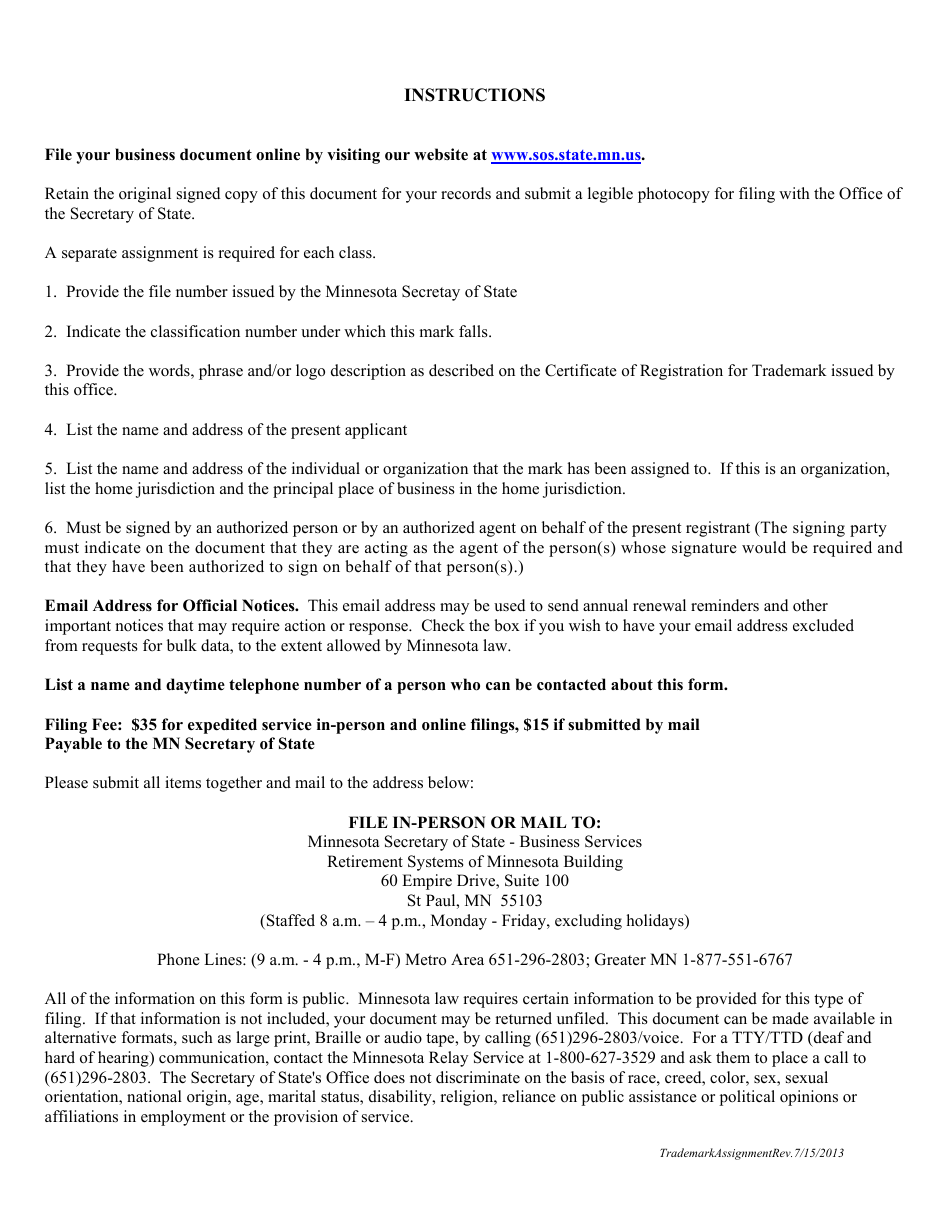 Assignment of Registration of Trademark, Service Mark, Certification Mark or Collective Mark - Minnesota, Page 2