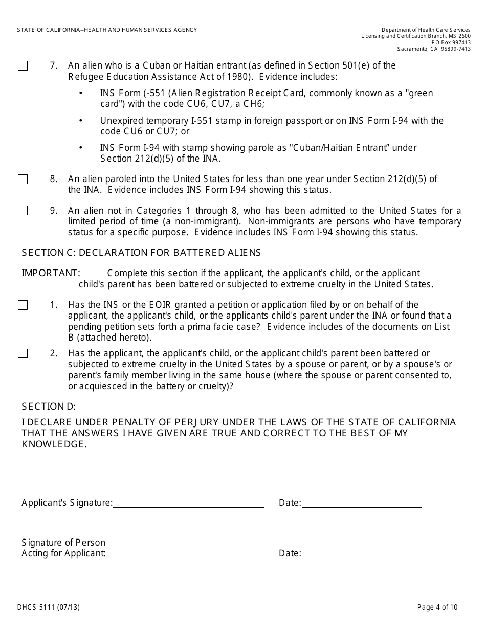 Form DHCS5111 Statement of Citizenship, Alienage, and Immigration Status for State Public Benefits - California, Page 4