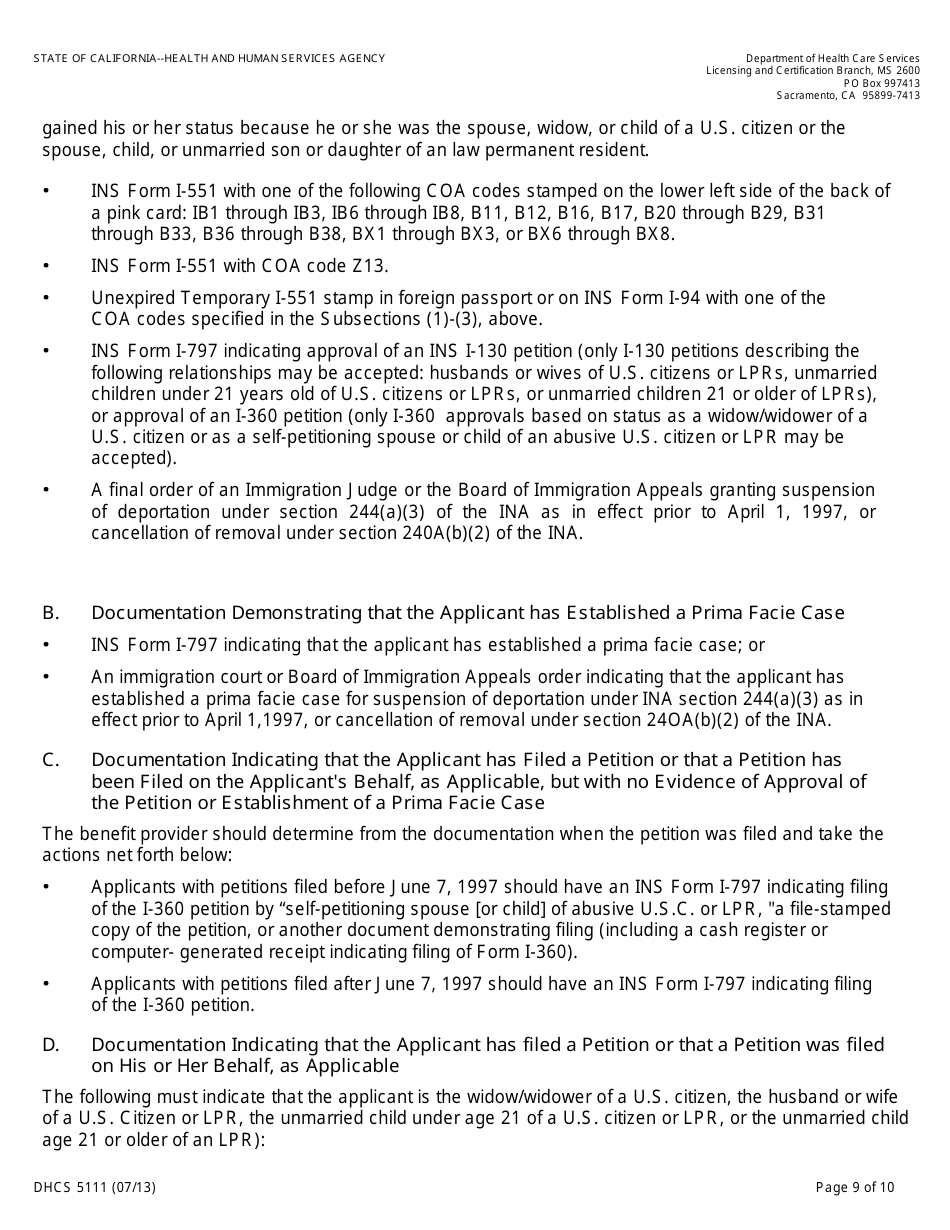 Form DHCS5111 Statement of Citizenship, Alienage, and Immigration Status for State Public Benefits - California, Page 9