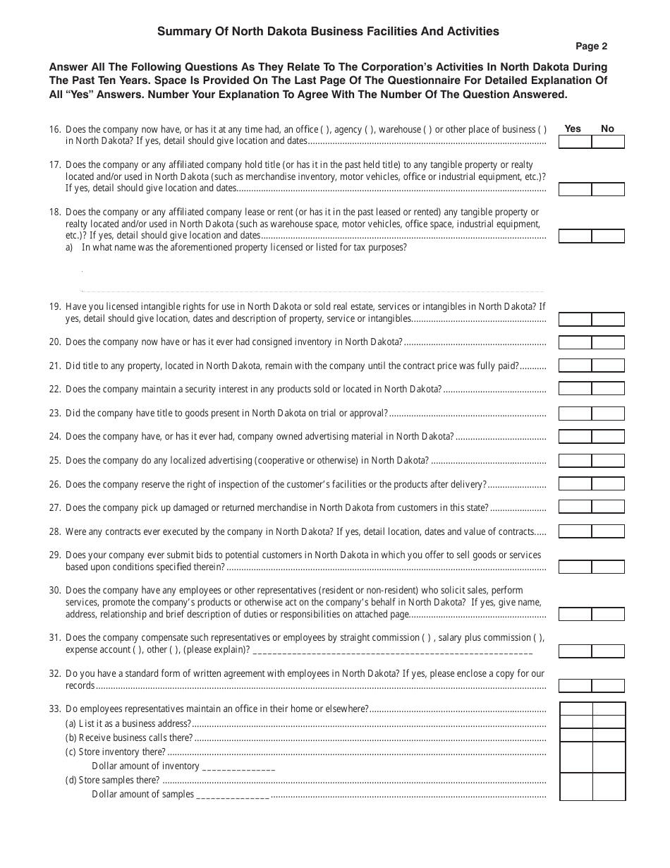 Questionnaire Regarding Activities in North Dakota During the Past Ten Years Form - North Dakota, Page 2