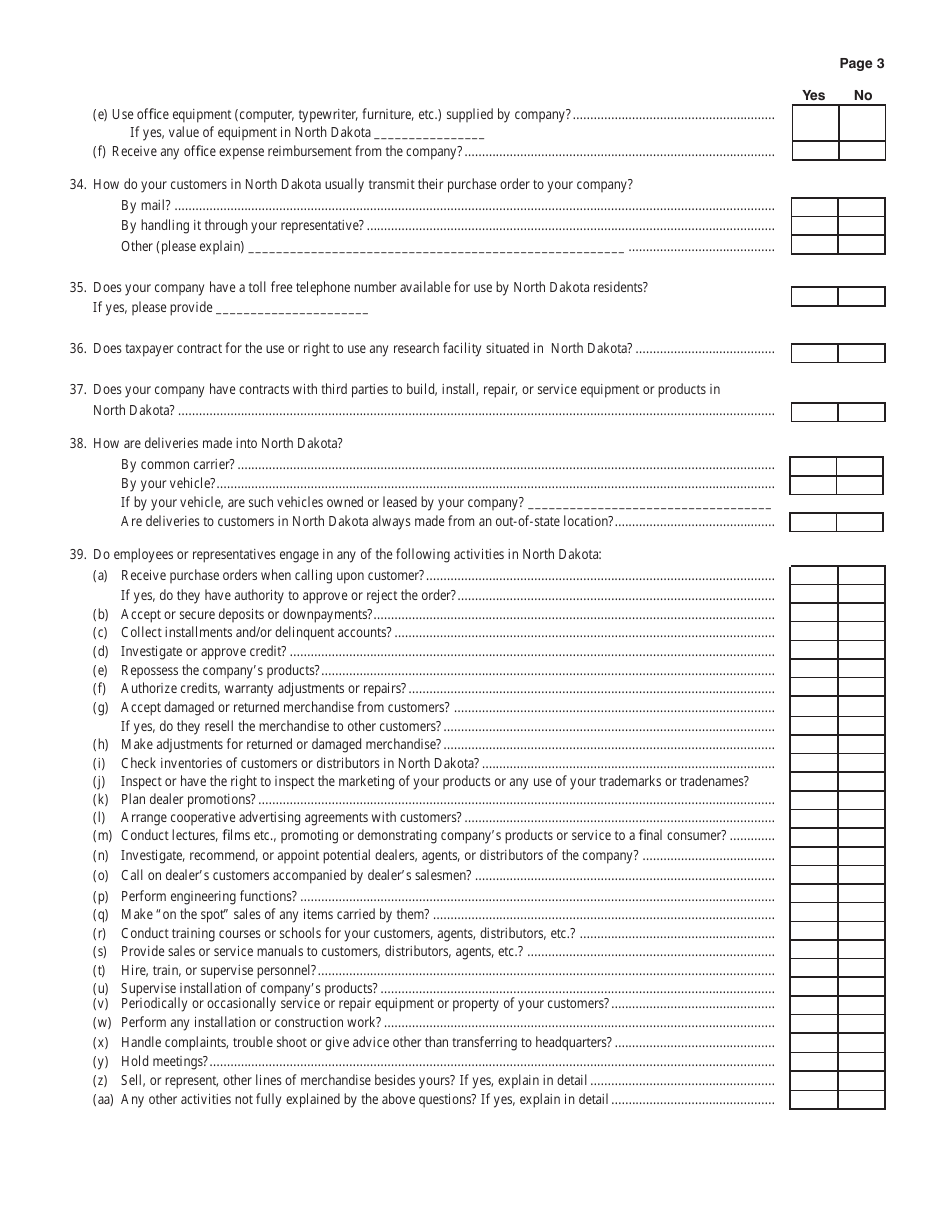 Questionnaire Regarding Activities in North Dakota During the Past Ten Years Form - North Dakota, Page 3