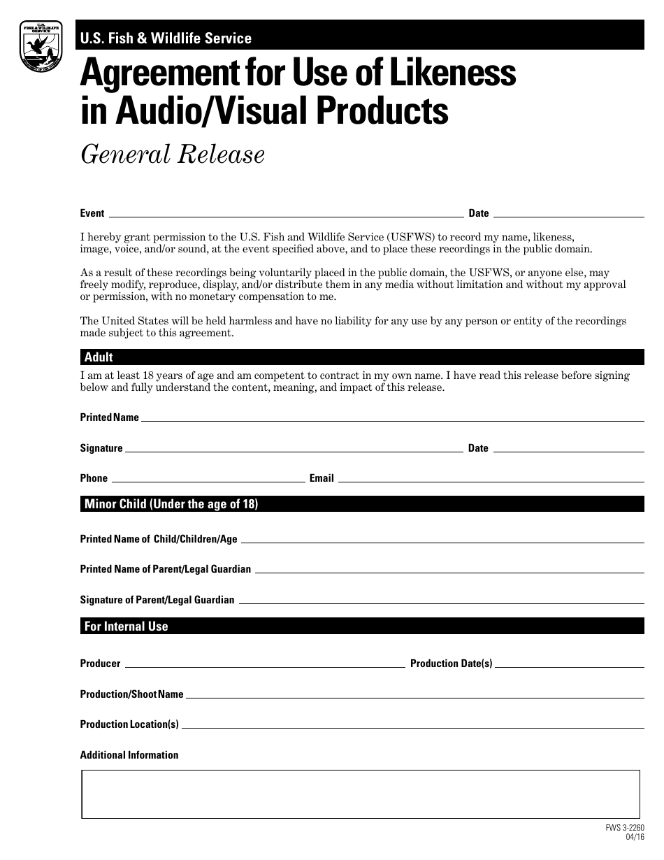 FWS Form 3-2260 Agreement for Use of Likeness in Audio / Visual Products - General Release, Page 1