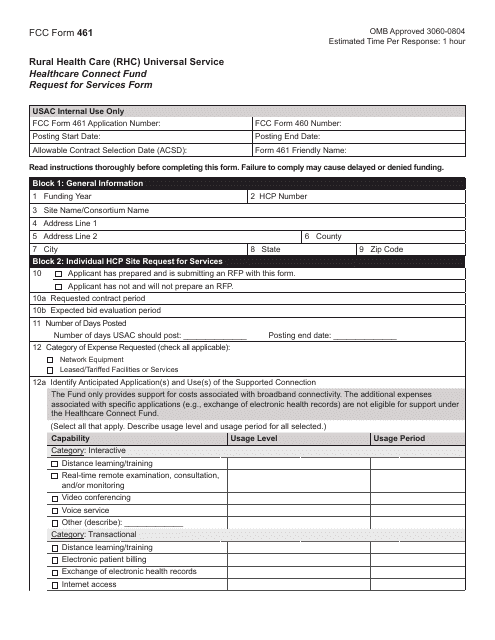 FCC Form 461 Rural Health Care (Rhc) Universal Service Healthcare Connect Fund Request for Services Form