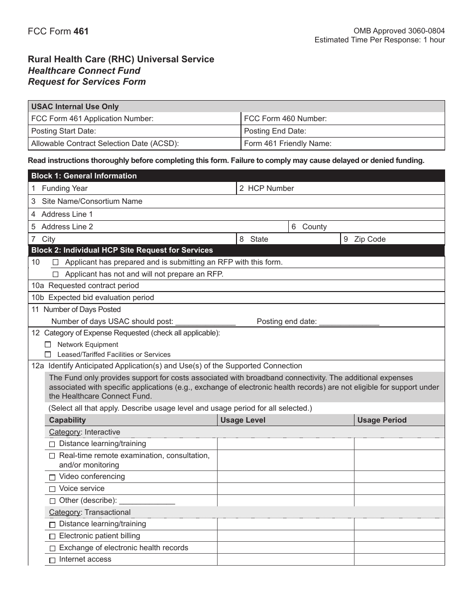 FCC Form 461 Rural Health Care (Rhc) Universal Service Healthcare Connect Fund Request for Services Form, Page 1