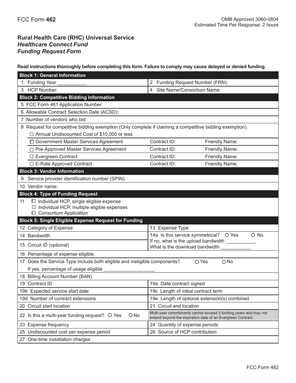 FCC Form 462 Rural Health Care (Rhc) Universal Service. Healthcare Connect Fund. Funding Request Form, Page 1