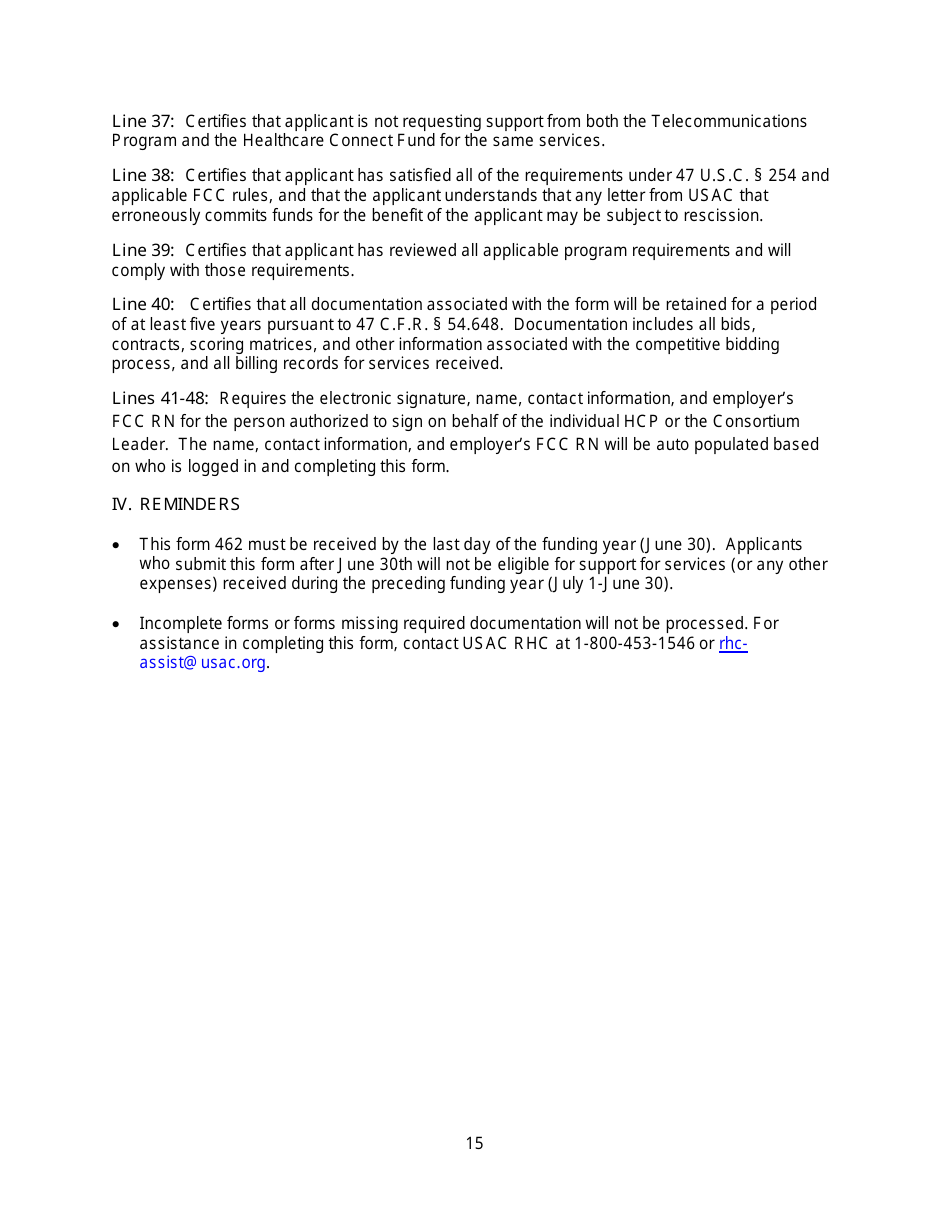 FCC Form 462 Rural Health Care (Rhc) Universal Service. Healthcare Connect Fund. Funding Request Form, Page 20