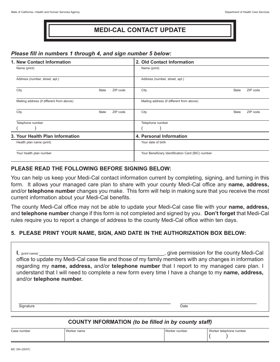 Form MC354 Medi-Cal Contact Update - California, Page 1