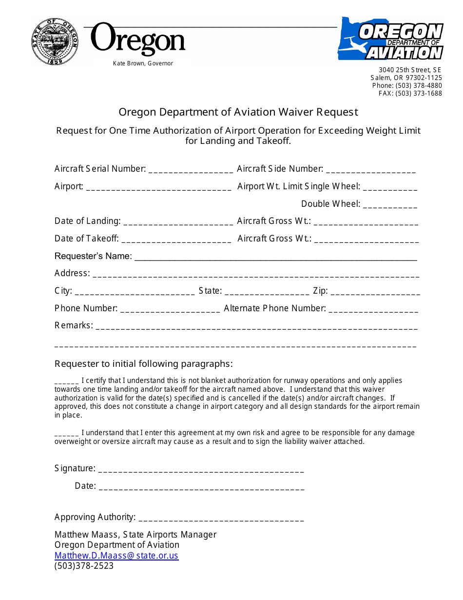 Oregon Department of Aviation Waiver Request Form - Request for One Time Authorization of Airport Operation for Exceeding Weight Limit for Landing and Takeoff - Oregon, Page 1