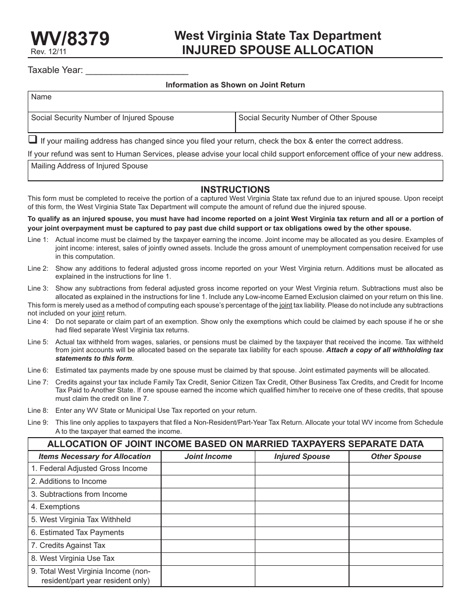 Form WV / 8379 Injured Spouse Allocation - West Virginia, Page 1