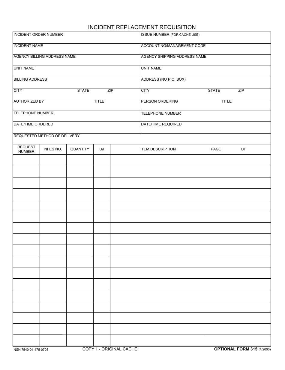Optional Form 315 Incident Replacement Requisition, Page 1