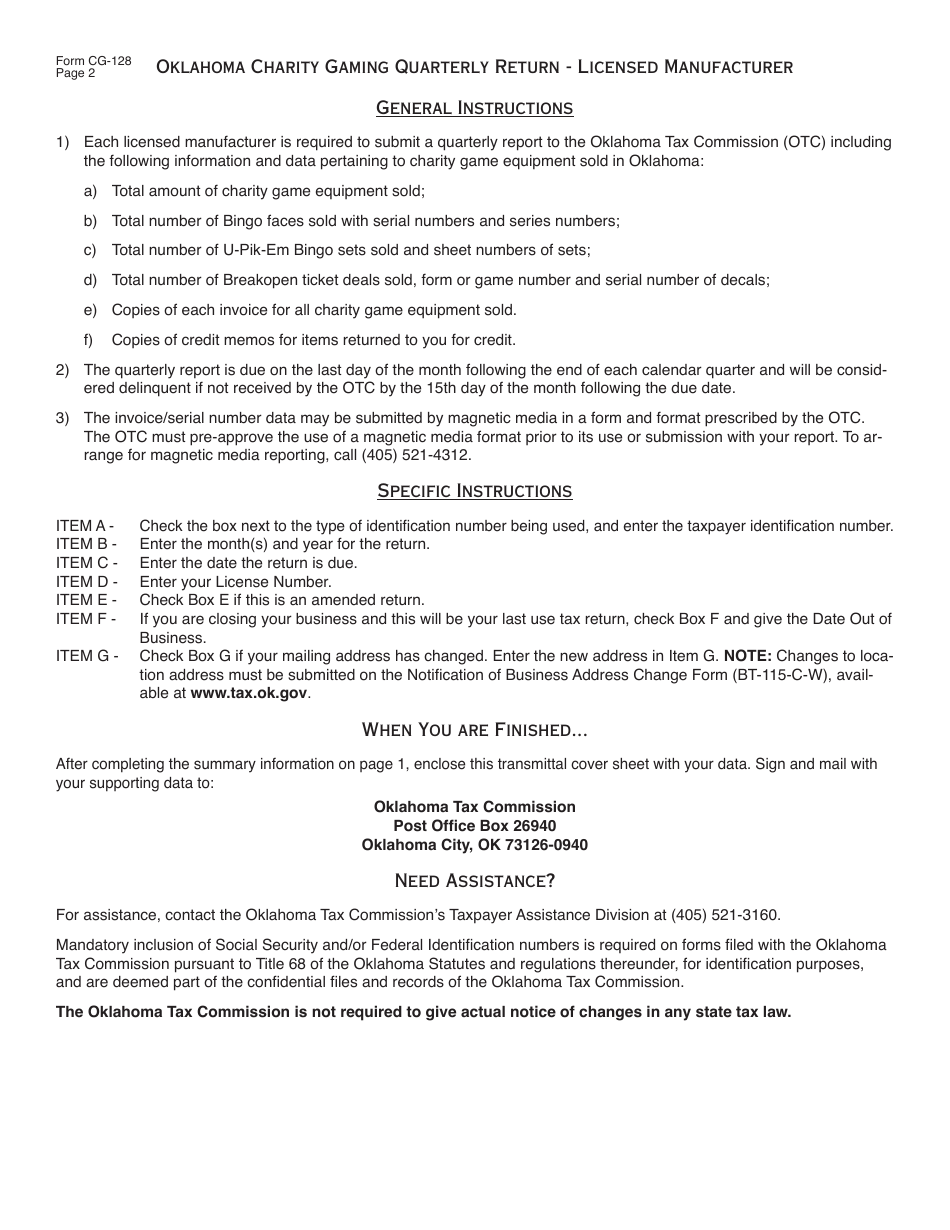 OTC Form CG-128 Oklahoma Charity Gaming Quarterly Return - Licensed Manufacturer - Oklahoma, Page 2