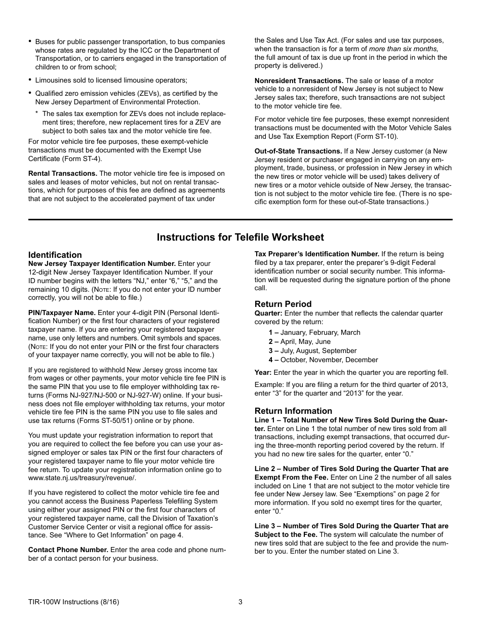 Instructions for Form TIR-100 New Jersey Motor Vehicle Tire Fee - New Jersey, Page 3