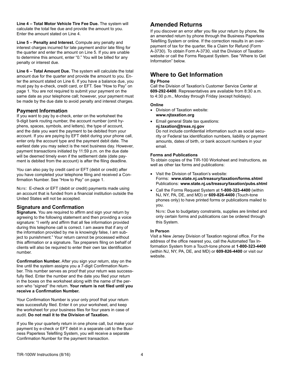 Instructions for Form TIR-100 New Jersey Motor Vehicle Tire Fee - New Jersey, Page 4