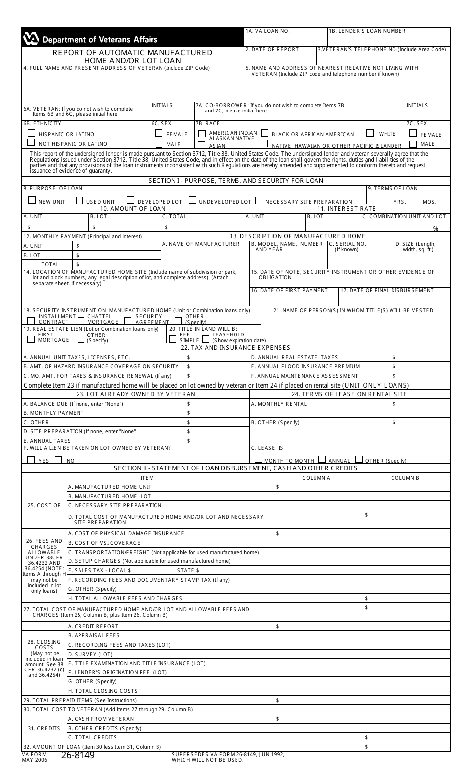 VA Form 26-8149 Report of Automatic Manufactured Home and / or Lot Loan, Page 1