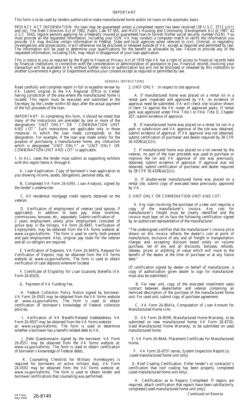 VA Form 26-8149 Report of Automatic Manufactured Home and / or Lot Loan, Page 3