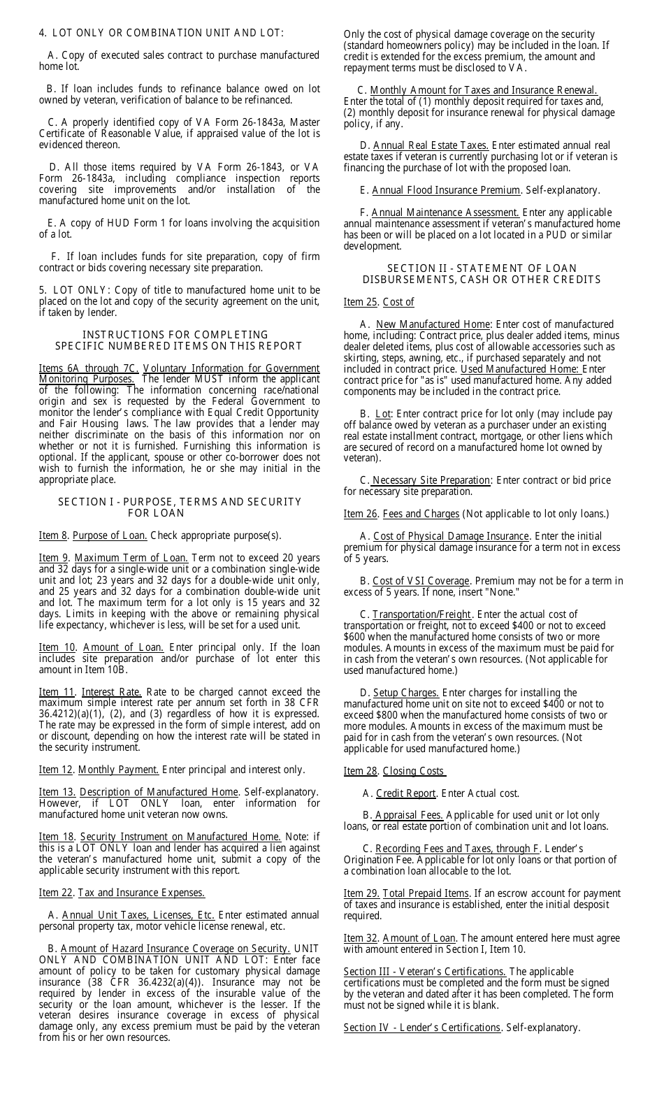 VA Form 26-8149 Report of Automatic Manufactured Home and / or Lot Loan, Page 4