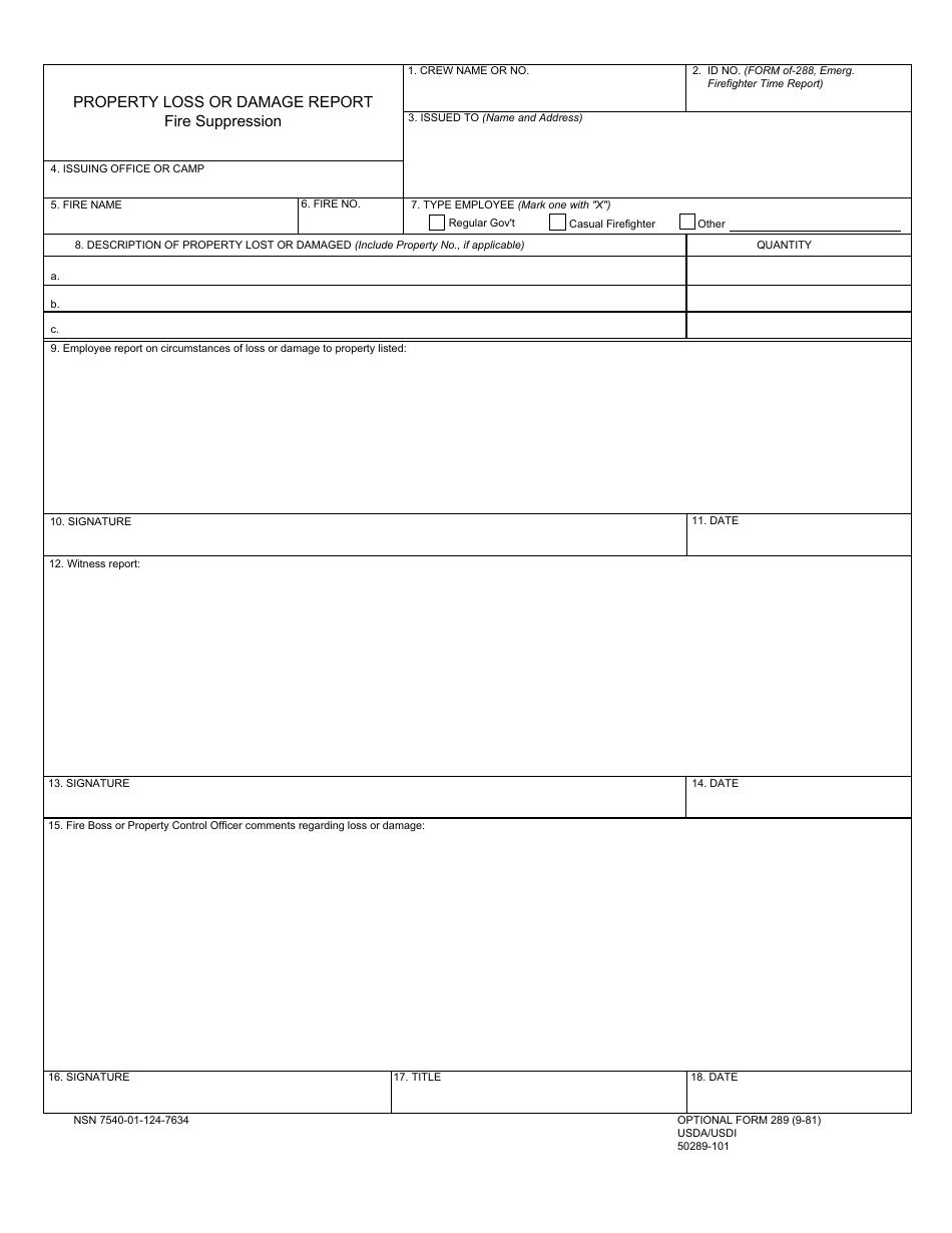 Optional Form 289 Property Loss or Damage Report - Fire Suppression, Page 1