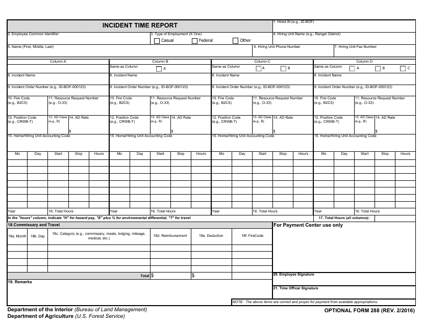 Optional Form 288 Incident Time Report